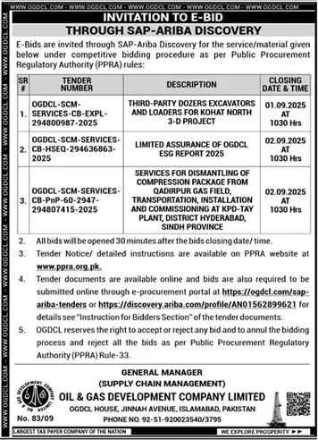 Oil & Gas Development Company Limited Islamabad Tender Notice